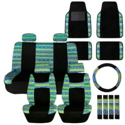 Mesa57 Southwestern Print Seat Covers And Matching Floor Mats - Green Combo Set(Mesa57 Southwestern Print Seat Covers And Matching Floor Mats Green Combo Set)