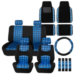 Tartan57 Plaid Print Seat Covers And Matching Floor Mats - Blue Combo Set(Tartan57 Plaid Print Seat Covers And Matching Floor Mats Blue Combo Set)