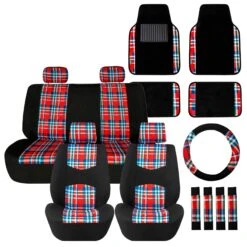 Tartan57 Plaid Print Seat Covers And Matching Floor Mats - Red Combo Set(Tartan57 Plaid Print Seat Covers And Matching Floor Mats Red Combo Set)