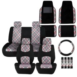 Tartan57 Plaid Print Seat Covers And Matching Floor Mats - White Combo Set(Tartan57 Plaid Print Seat Covers And Matching Floor Mats White Combo Set)
