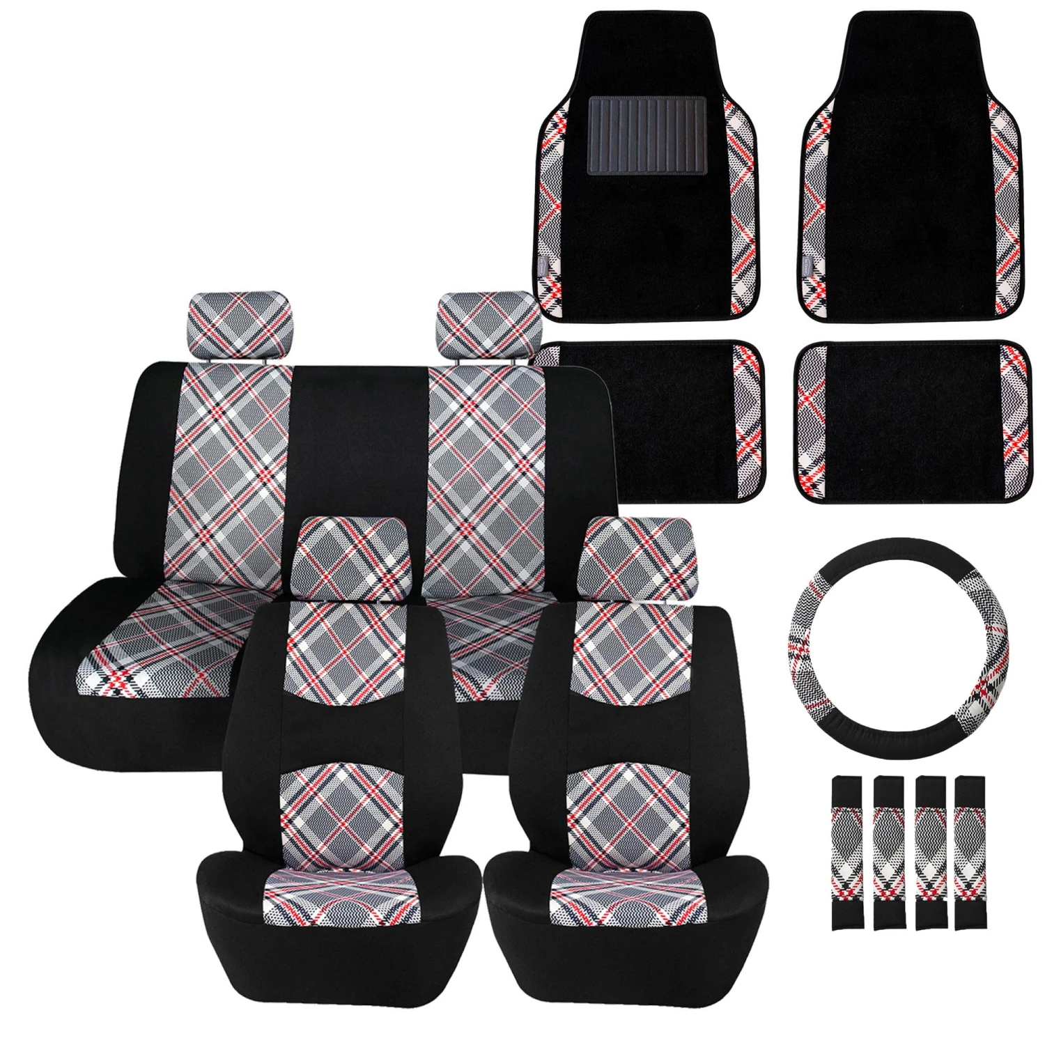 Tartan57 Plaid Print Seat Covers And Matching Floor Mats - White Combo Set(Tartan57 Plaid Print Seat Covers And Matching Floor Mats White Combo Set) 1 Tartan57 Plaid Print Seat Covers And Matching Floor Mats - White Combo Set(Tartan57 Plaid Print Seat Covers And Matching Floor Mats White Combo Set)