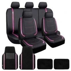 Galaxy13 Metallic Striped Deluxe Leatherette Seat Covers And Matching Floor Mats - Pink Combo Set(Galaxy13 Metallic Striped Deluxe Leatherette Seat Covers And Matching Floor Mats Pink Combo Set)