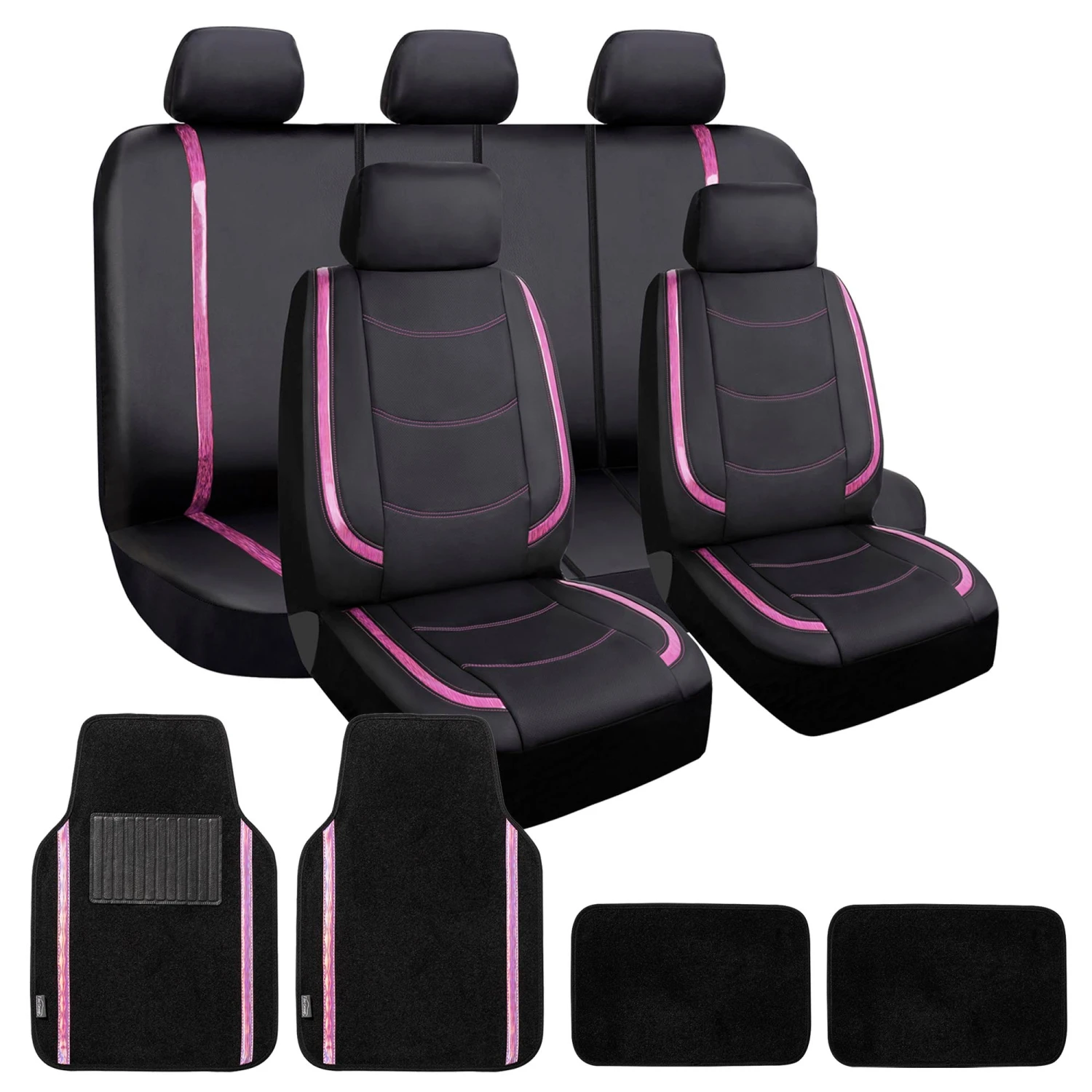 Galaxy13 Metallic Striped Deluxe Leatherette Seat Covers And Matching Floor Mats - Pink Combo Set(Galaxy13 Metallic Striped Deluxe Leatherette Seat Covers And Matching Floor Mats Pink Combo Set) 1 Galaxy13 Metallic Striped Deluxe Leatherette Seat Covers And Matching Floor Mats - Pink Combo Set(Galaxy13 Metallic Striped Deluxe Leatherette Seat Covers And Matching Floor Mats Pink Combo Set)