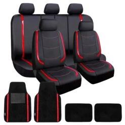 Galaxy13 Metallic Striped Deluxe Leatherette Seat Covers And Matching Floor Mats - Red Combo Set(Galaxy13 Metallic Striped Deluxe Leatherette Seat Covers And Matching Floor Mats Red Combo Set)