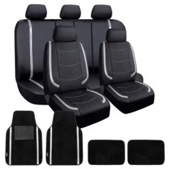 Galaxy13 Metallic Striped Deluxe Leatherette Seat Covers And Matching Floor Mats - White Combo Set(Galaxy13 Metallic Striped Deluxe Leatherette Seat Covers And Matching Floor Mats Gray Combo Set)
