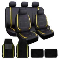 Galaxy13 Metallic Striped Deluxe Leatherette Seat Covers And Matching Floor Mats - Yellow Combo Set(Galaxy13 Metallic Striped Deluxe Leatherette Seat Covers And Matching Floor Mats Yellow Combo Set)