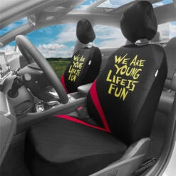We Are Young Life Is Fun Seat Covers In Red Stripe - Full Set Black Red Trim(We Are Young Life Is Fun Seat Covers In Red Stripe Full Set Black Red Trim)