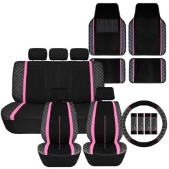 We Are Young Life Is Fun Checker Printed Seat Covers, Floor Mats, And Steering Wheel Cover - Pink Combo Full Set(We Are Young Life Is Fun Checker Printed Seat Covers Floor Mats And Steering Wheel Cover Pink Combo Full Set)