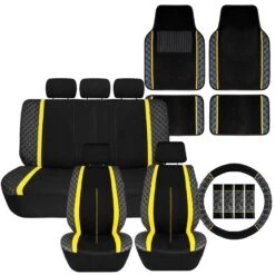 We Are Young Life Is Fun Checker Printed Seat Covers, Floor Mats, And Steering Wheel Cover - Yellow Combo Full Set(We Are Young Life Is Fun Checker Printed Seat Covers Floor Mats And Steering Wheel Cover Yellow Combo Full Set)
