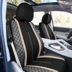 We Are Young Life Is Fun Checker Printed Seat Covers, Floor Mats, And Steering Wheel Cover - Beige Combo Full Set(We Are Young Life Is Fun Checker Printed Seat Covers Floor Mats And Steering Wheel Cover Beige Combo Full Set) -FH Group LF002115 beige 2 v2 1