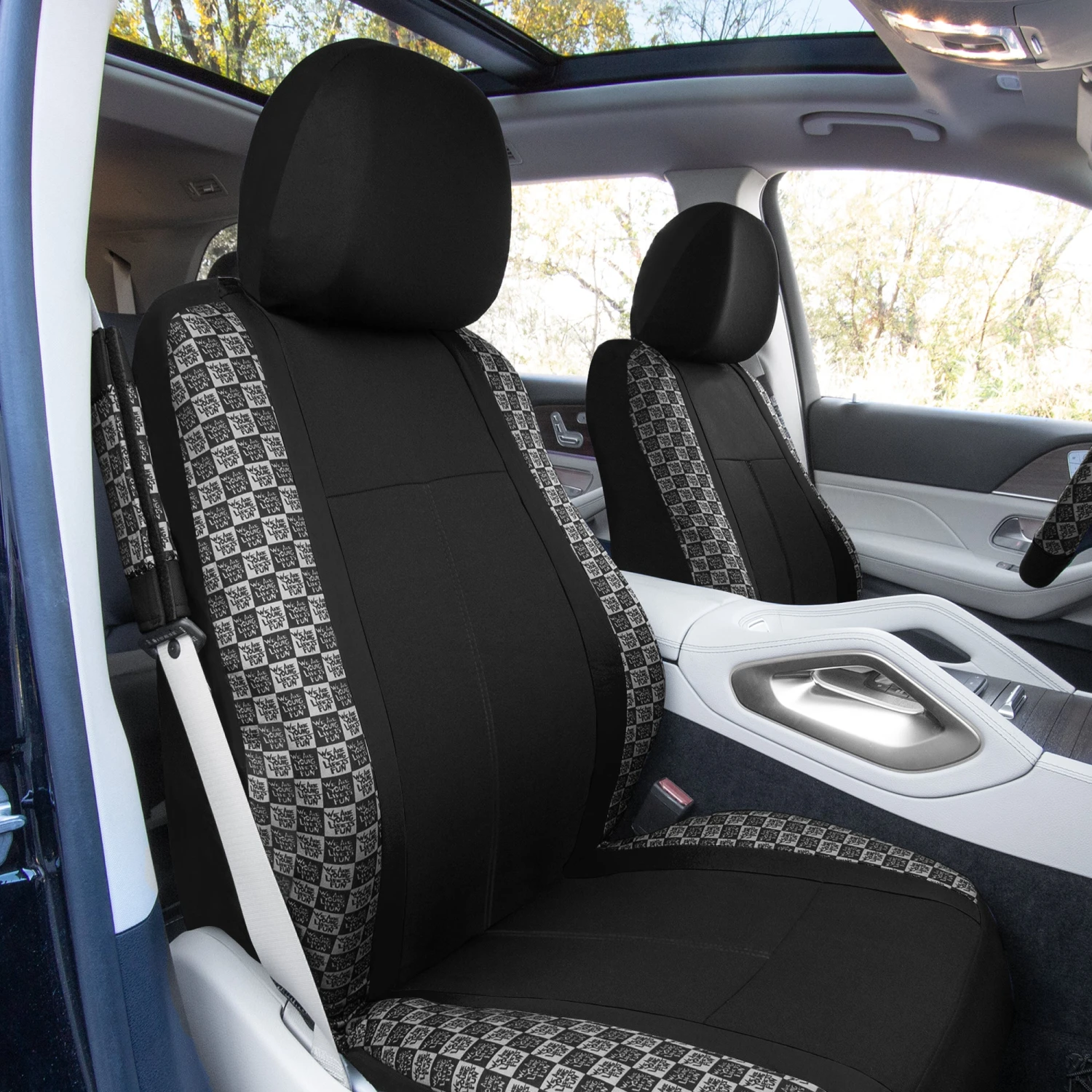 We Are Young Life Is Fun Checker Printed Seat Covers, Floor Mats, And Steering Wheel Cover - Black Combo Full Set(We Are Young Life Is Fun Checker Printed Seat Covers Floor Mats And Steering Wheel Cover Black Combo Full Set) 3 We Are Young Life Is Fun Checker Printed Seat Covers, Floor Mats, And Steering Wheel Cover - Black Combo Full Set(We Are Young Life Is Fun Checker Printed Seat Covers Floor Mats And Steering Wheel Cover Black Combo Full Set) - Image 3