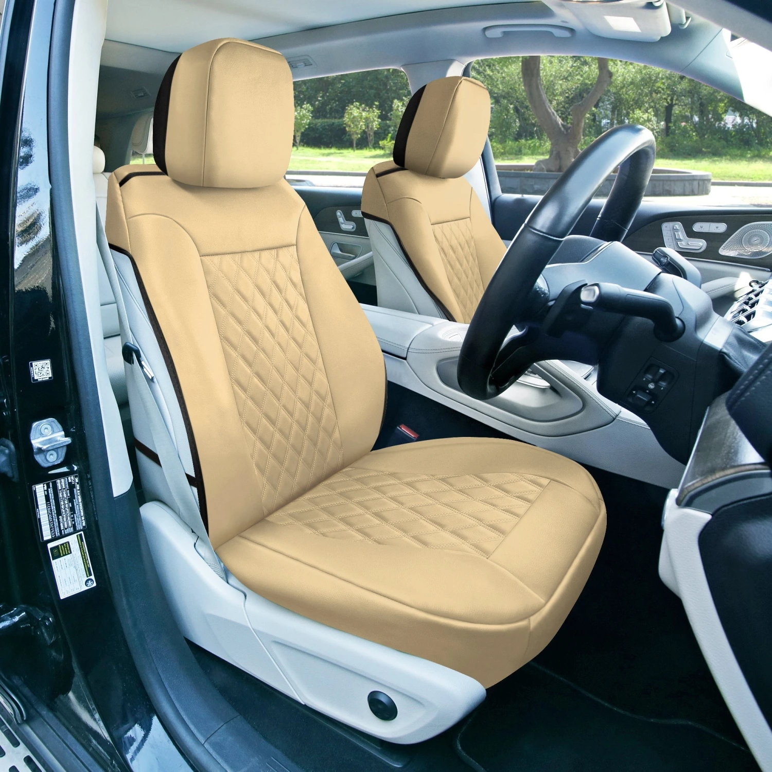 Deluxe Faux Leather Diamond Pattern Car Seat Cushions - Front Set Beige(Deluxe Faux Leather Diamond Pattern Car Seat Cushions Front Set Beige) 2 Deluxe Faux Leather Diamond Pattern Car Seat Cushions - Front Set Beige(Deluxe Faux Leather Diamond Pattern Car Seat Cushions Front Set Beige) - Image 2