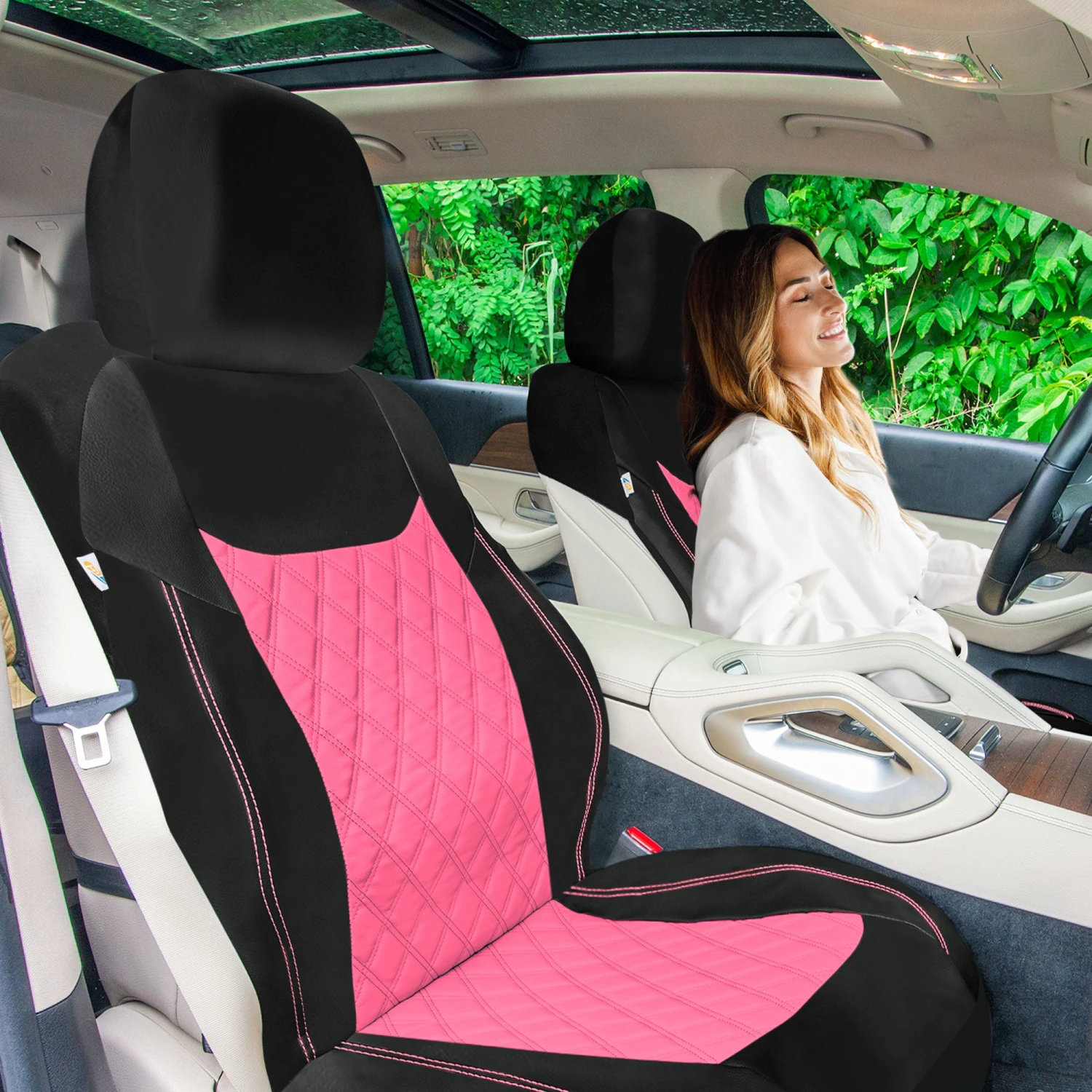 Ultra Modern Quilted Leatherette Seat Covers Full Set - Pink(Ultra Modern Quilted Leatherette Seat Covers Full Set Pink) 2 Ultra Modern Quilted Leatherette Seat Covers Full Set - Pink(Ultra Modern Quilted Leatherette Seat Covers Full Set Pink) - Image 2