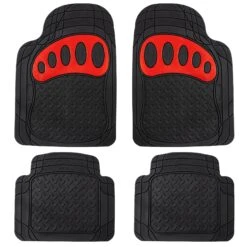 4 Piece Liners Trimmable ClimaProof Non-Slip Vinyl Floor Mats - Full Set Red(Trimmable Climaproof Non Slip Rubber Floor Mats With Footprint Design Full Set Red)