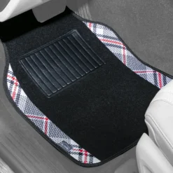 Tartan11 Plaid Trim Non-Slip Carpet Floor Mats - Full Set Beige(Tartan11 Plaid Trim Non Slip Carpet Floor Mats Full Set Beige) -FH Group f14411 tartan white interior driver