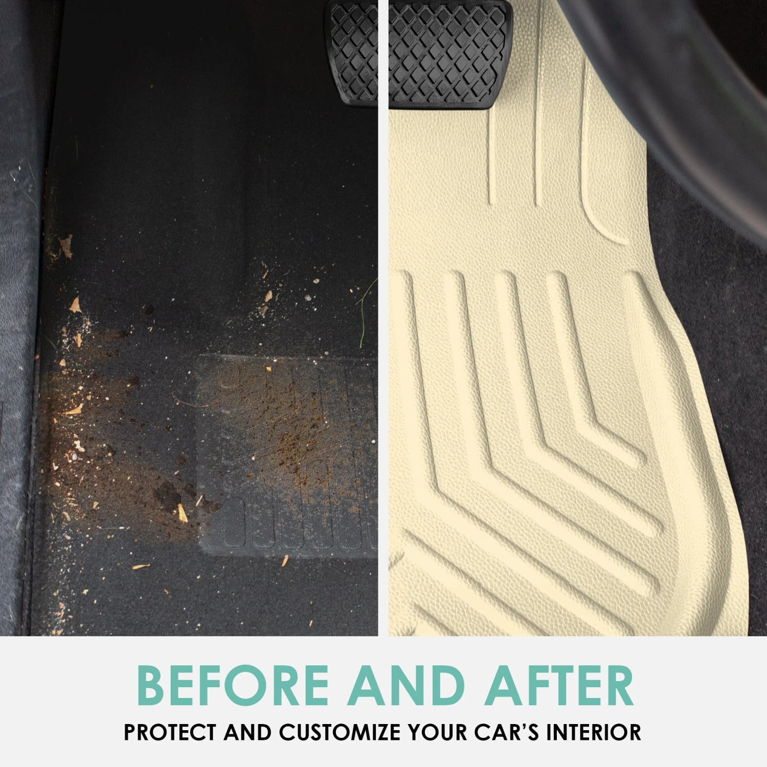 Faux Leather Deep Tray Floor Mats Full Set - Beige(Faux Leather Deep Tray Floor Mats Full Set Beige) 5 Faux Leather Deep Tray Floor Mats Full Set - Beige(Faux Leather Deep Tray Floor Mats Full Set Beige) - Image 5