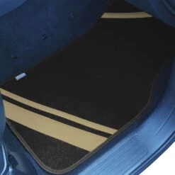 Non-Slip Carpet Floor Mats With Faux Leather Stripes - Full Set Beige(Non Slip Carpet Floor Mats With Faux Leather Stripes Full Set Beige) -FH Group f14501beige passenger e1592591574551