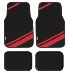 Non-Slip Carpet Floor Mats With Faux Leather Stripes - Full Set Red(Non Slip Carpet Floor Mats With Faux Leather Stripes Full Set Red)