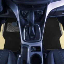 Color-Block Carpet Liners Non-Slip Car Floor Mats With Faux Leather Accents - Full Set Beige(Color Block Carpet Liners Non Slip Car Floor Mats With Faux Leather Accents Full Set Beige) -FH Group f14502beige birds view e1595863182129