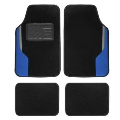 Color-Block Carpet Liners Non-Slip Car Floor Mats With Faux Leather Accents - Full Set Blue(Color Block Carpet Liners Non Slip Car Floor Mats With Faux Leather Accents Full Set Blue)