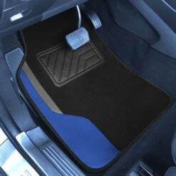 Color-Block Carpet Liners Non-Slip Car Floor Mats With Faux Leather Accents - Full Set Blue(Color Block Carpet Liners Non Slip Car Floor Mats With Faux Leather Accents Full Set Blue) -FH Group f14502blue interior v2 e1595864903650