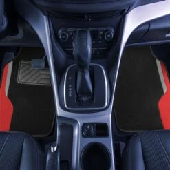 Color-Block Carpet Liners Non-Slip Car Floor Mats With Faux Leather Accents - Full Set Red(Color Block Carpet Liners Non Slip Car Floor Mats With Faux Leather Accents Full Set Red) -FH Group f14502red birds view e1595863078498