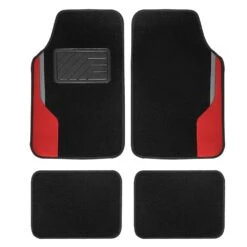 Color-Block Carpet Liners Non-Slip Car Floor Mats With Faux Leather Accents - Full Set Red(Color Block Carpet Liners Non Slip Car Floor Mats With Faux Leather Accents Full Set Red)