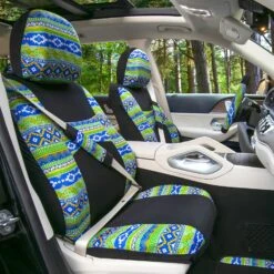 Mesa57 Southwestern Print Seat Covers And Matching Floor Mats - Green Combo Set(Mesa57 Southwestern Print Seat Covers And Matching Floor Mats Green Combo Set) -FH Group fb057 mesa green color 4 1