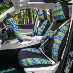 Mesa57 Southwestern Print Seat Covers And Matching Floor Mats - Green Combo Set(Mesa57 Southwestern Print Seat Covers And Matching Floor Mats Green Combo Set) -FH Group fb057 mesa green color 5 1