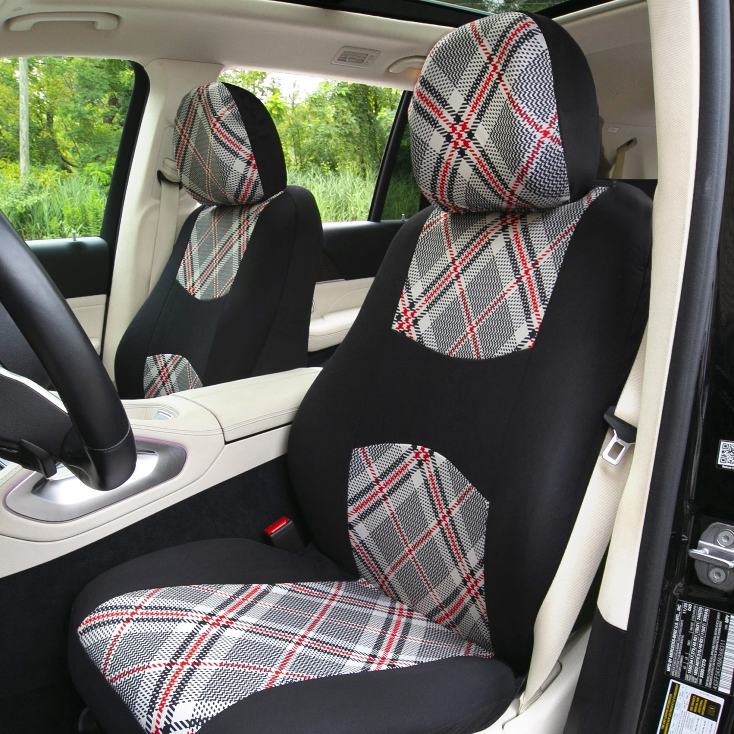 Tartan57 Plaid Print Seat Covers And Matching Floor Mats - White Combo Set(Tartan57 Plaid Print Seat Covers And Matching Floor Mats White Combo Set) 2 Tartan57 Plaid Print Seat Covers And Matching Floor Mats - White Combo Set(Tartan57 Plaid Print Seat Covers And Matching Floor Mats White Combo Set) - Image 2