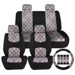 Tartan57 Plaid Print Seat Covers - Combo Full Set Beige(Tartan57 Plaid Print Seat Covers Combo Full Set Beige)