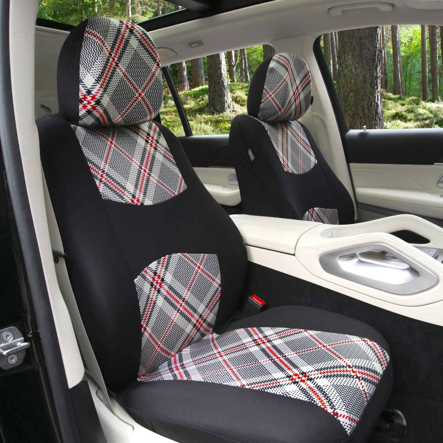 Tartan57 Plaid Print Seat Covers And Matching Floor Mats - White Combo Set(Tartan57 Plaid Print Seat Covers And Matching Floor Mats White Combo Set) 3 Tartan57 Plaid Print Seat Covers And Matching Floor Mats - White Combo Set(Tartan57 Plaid Print Seat Covers And Matching Floor Mats White Combo Set) - Image 3
