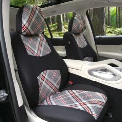 Tartan57 Plaid Print Seat Covers - Combo Full Set Beige(Tartan57 Plaid Print Seat Covers Combo Full Set Beige) -FH Group fb057 white tartan 2