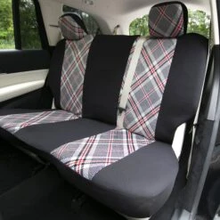 Tartan57 Plaid Print Seat Covers - Combo Full Set Beige(Tartan57 Plaid Print Seat Covers Combo Full Set Beige) -FH Group fb057 white tartan 3