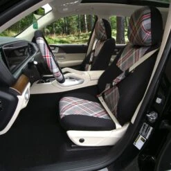 Tartan57 Plaid Print Seat Covers - Combo Full Set Beige(Tartan57 Plaid Print Seat Covers Combo Full Set Beige) -FH Group fb057 white tartan no floormat