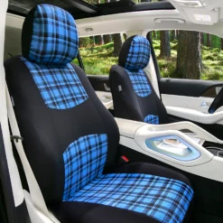 Tartan57 Plaid Print Seat Covers - Combo Full Set Blue(Tartan57 Plaid Print Seat Covers Combo Full Set Blue) -FH Group fb057tartan blue 1