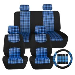 Tartan57 Plaid Print Seat Covers - Combo Full Set Blue(Tartan57 Plaid Print Seat Covers Combo Full Set Blue)