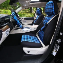 Tartan57 Plaid Print Seat Covers - Combo Full Set Blue(Tartan57 Plaid Print Seat Covers Combo Full Set Blue) -FH Group fb057tartan blue 5 no floormat