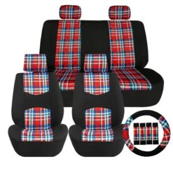 Tartan57 Plaid Print Seat Covers - Combo Full Set Red(Tartan57 Plaid Print Seat Covers Combo Full Set Red)