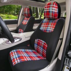 Tartan57 Plaid Print Seat Covers - Combo Full Set Red(Tartan57 Plaid Print Seat Covers Combo Full Set Red) -FH Group fb057tartan red 2