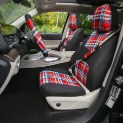 Tartan57 Plaid Print Seat Covers And Matching Floor Mats - Red Combo Set(Tartan57 Plaid Print Seat Covers And Matching Floor Mats Red Combo Set) -FH Group fb057tartan red no floormat 1
