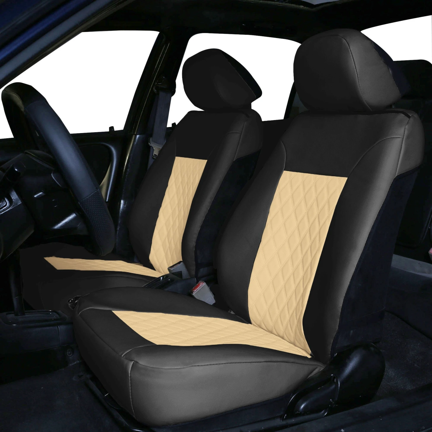 Quality Faux Leather Diamond Pattern Car Seat Cushions - Front Set Beige / Black(Quality Faux Leather Diamond Pattern Car Seat Cushions Front Set Beige Black) 2 Quality Faux Leather Diamond Pattern Car Seat Cushions - Front Set Beige / Black(Quality Faux Leather Diamond Pattern Car Seat Cushions Front Set Beige Black) - Image 2