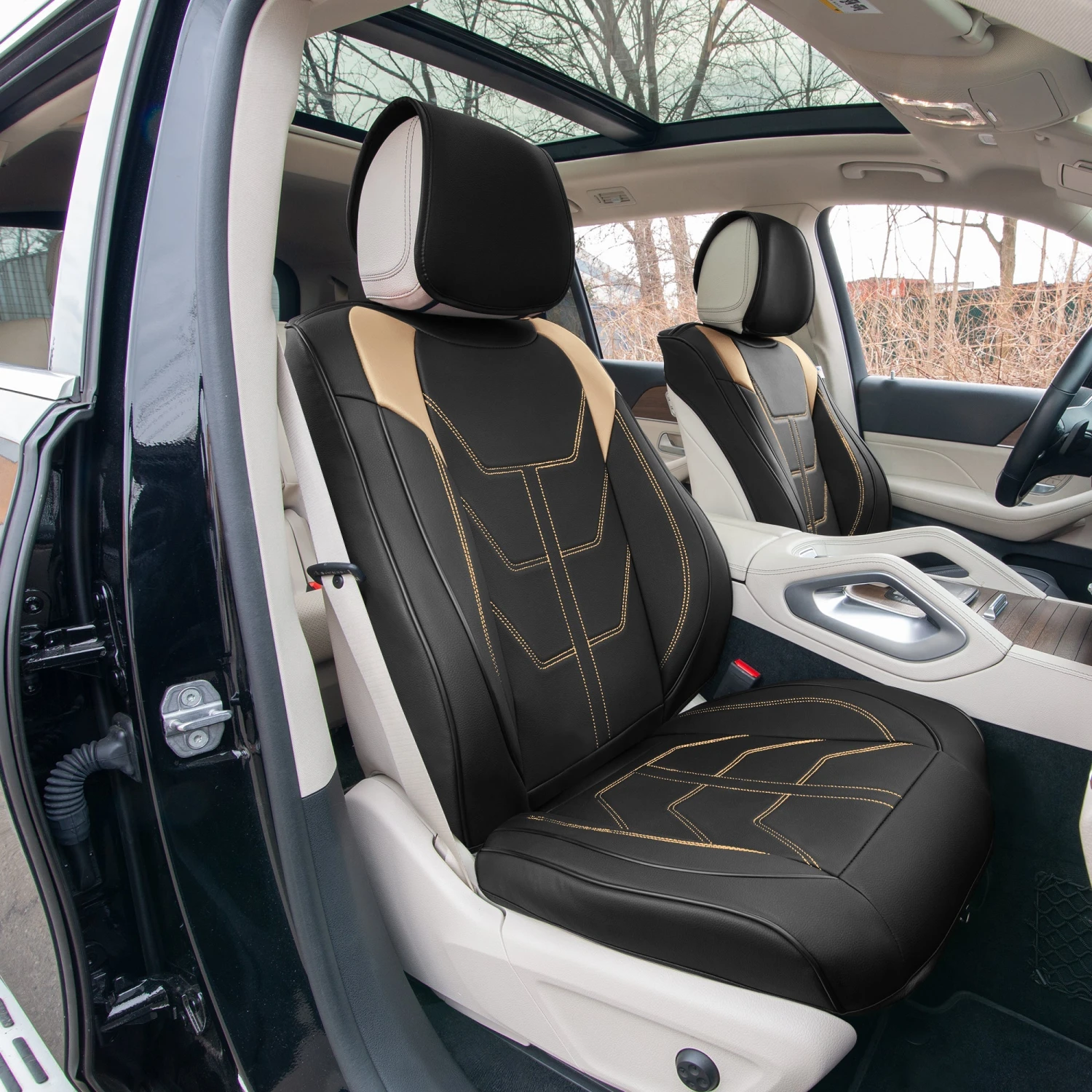 Hybrid70 Deluxe Faux Leather Car Seat Covers With Modern Pattern - Front Set Beige(Hybrid70 Deluxe Faux Leather Car Seat Covers With Modern Pattern Front Set Beige) 3 Hybrid70 Deluxe Faux Leather Car Seat Covers With Modern Pattern - Front Set Beige(Hybrid70 Deluxe Faux Leather Car Seat Covers With Modern Pattern Front Set Beige) - Image 3