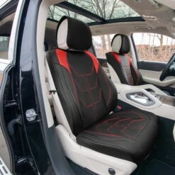 Bionic70 Deluxe Faux Leather Car Seat Covers With Contrast Stitching - Front Set Red(Bionic70 Deluxe Faux Leather Car Seat Covers With Contrast Stitching Front Set Red) -FH Group tp70002 red 2